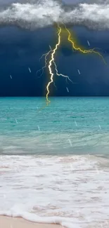 Mobile wallpaper featuring a stormy beach with lightning and rain.