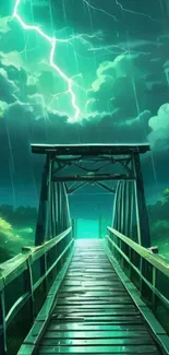A stormy night with a bridge and striking lightning.