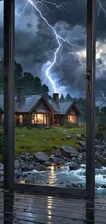 Cabin view with stormy lightning and dark clouds in the background.