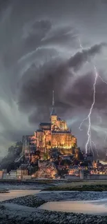 Stormy castle with lightning strikes, dramatic and epic mobile wallpaper design.