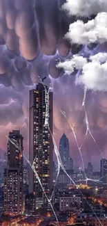 Dramatic storm clouds over a lit cityscape with skyscrapers.