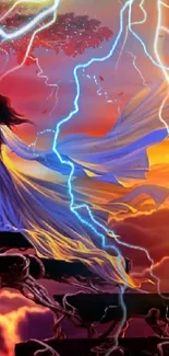 Fantasy art with a figure and lightning in a sunset landscape.