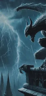 Gothic gargoyle under stormy skies with lightning.