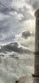 Lighthouse with stormy waves and cloudy sky.