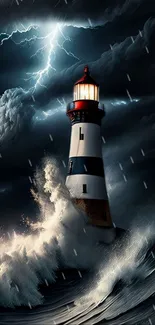 Lighthouse amidst stormy sea with lightning struck sky.