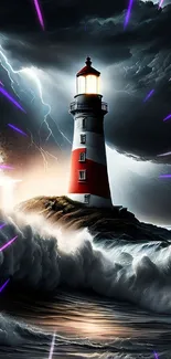 Lighthouse in stormy ocean with waves and lightning.