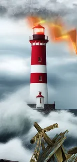 Stormy sea with red lighthouse and lightning on mobile wallpaper.