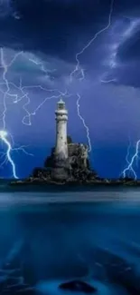 Lighthouse under a stormy sky with lightning, set on a dark ocean.