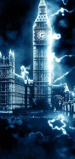 Big Ben under a stormy sky with lightning.