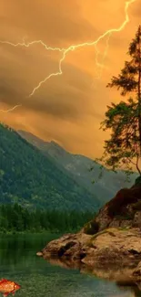 Dramatic mountain lake scene with sunset and lightning.