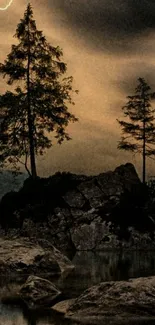 Dark landscape with lightning and trees over a rocky mountain scenery.