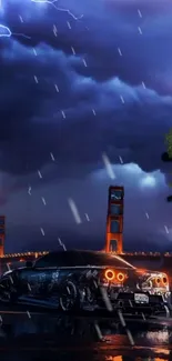 Sports car under a lightning storm with a bridge backdrop at night.