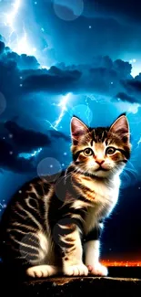 Tabby kitten with stormy sky and lightning background.