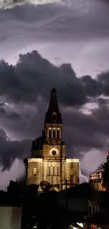 Gothic church against a stormy sky with dark clouds.