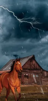 A horse in front of a barn during a storm with lightning.