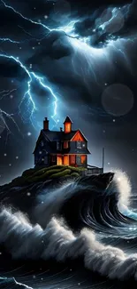 House on cliff with stormy waves and lightning at night.