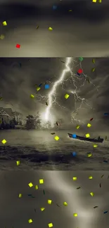 Dramatic stormy night with lightning and colorful confetti overlay.