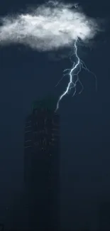 Lightning strikes over a dark cityscape at night.