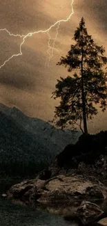 Lone tree on rocky hill during storm with lightning.