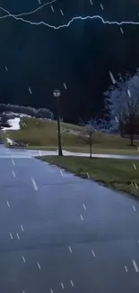 Stormy night with lightning and rain over a park path.