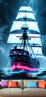 Ship sailing through stormy seas with vibrant neon lighting.