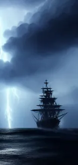 Silhouetted ship sailing through storm with lightning in a dark blue sky.