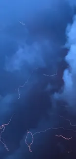 Stormy night sky with lightning and clouds in deep blue tones.