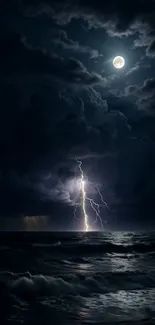 Stormy night sky with lightning over ocean and moon.