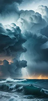 Stormy ocean with lightning and dramatic clouds.