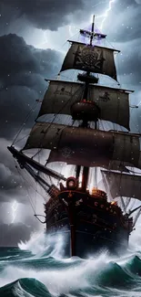 Ship braves a stormy ocean under a lightning-filled sky.