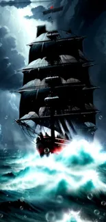 Majestic ship navigating stormy blue ocean with dramatic clouds.