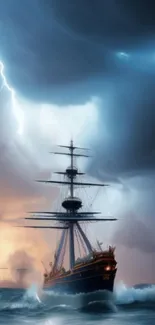 Ship sailing through stormy ocean with lightning and dramatic dark clouds.