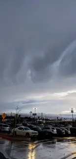 Dark clouds above a parking lot during stormy weather.