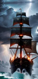 Dramatic pirate ship sails through a storm with dark clouds and lightning.