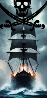 Pirate ship sailing through stormy seas with dark sky and skull emblem.