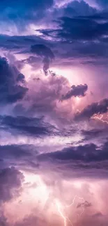 Dramatic purple clouds with lightning strikes in a stormy sky wallpaper.