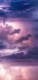 Stormy purple sky with lightning and dramatic clouds.