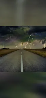 Road leading into a stormy sky with lightning bolts and dark clouds.