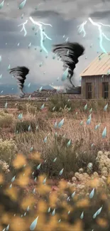 Stormy rural landscape with tornadoes and rain.