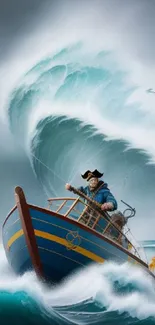 Dynamic pirate ship battling giant waves in a stormy ocean.