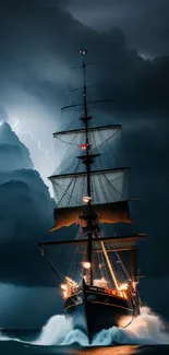 Majestic ship sailing through stormy seas with dramatic clouds and lightning.