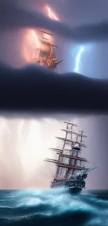 Ship sailing through a stormy sea with dramatic lightning and dark clouds.