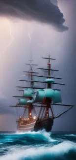 Sailing ship in storm with lightning over turbulent blue sea.