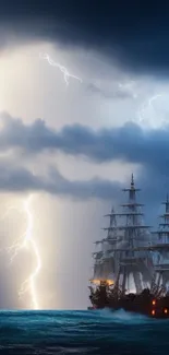 Tall ship sailing through stormy seas with lightning striking in the dark sky.