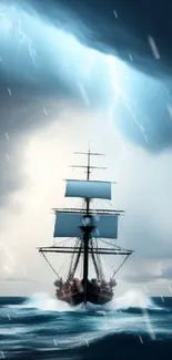 Majestic ship sailing through a storm under a lightning-filled sky.