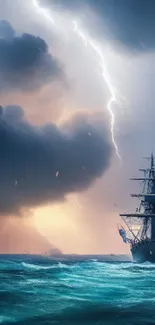 Ship in a stormy sea with lightning and dark clouds.