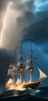 Tall ship sailing in stormy sea with lightning in dark sky.