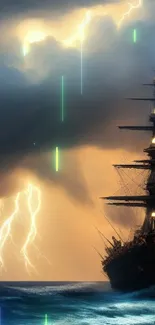 Majestic ship in stormy sea with lightning in the background.