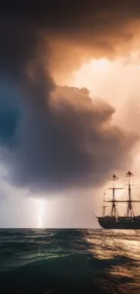 Historic ship sails through stormy sea with lightning in the distance.