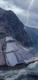 Sailboat navigates a stormy sea under a dramatic lightning-filled sky.